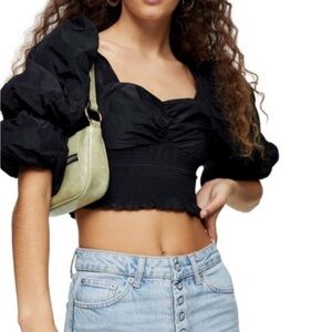 Topshop Black Taffeta Puffed Sleeve Crop Top, Sweetheart Neckline, Size 8